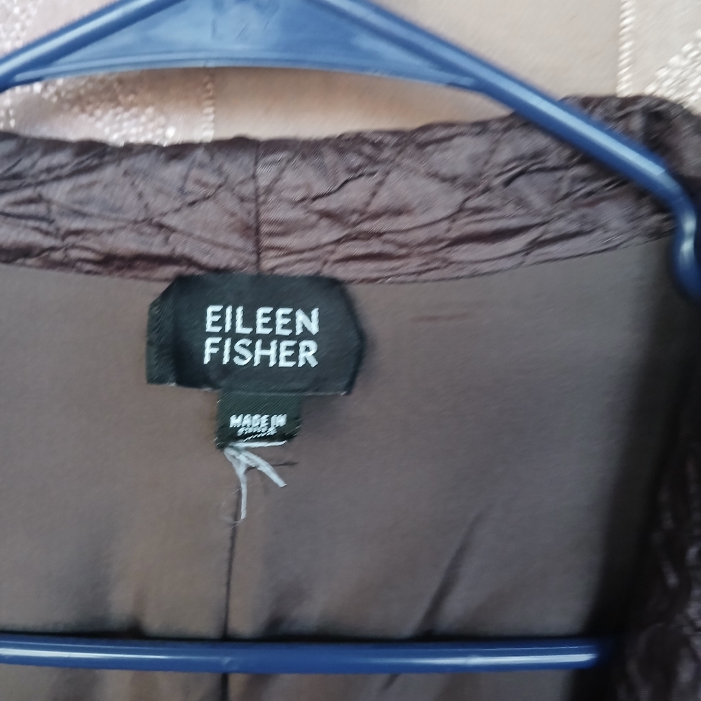 💎 Eileen Fisher 100% Silk Tussah Quilted Crinkle Jacket Brown Blazer - Picture 10 of 11